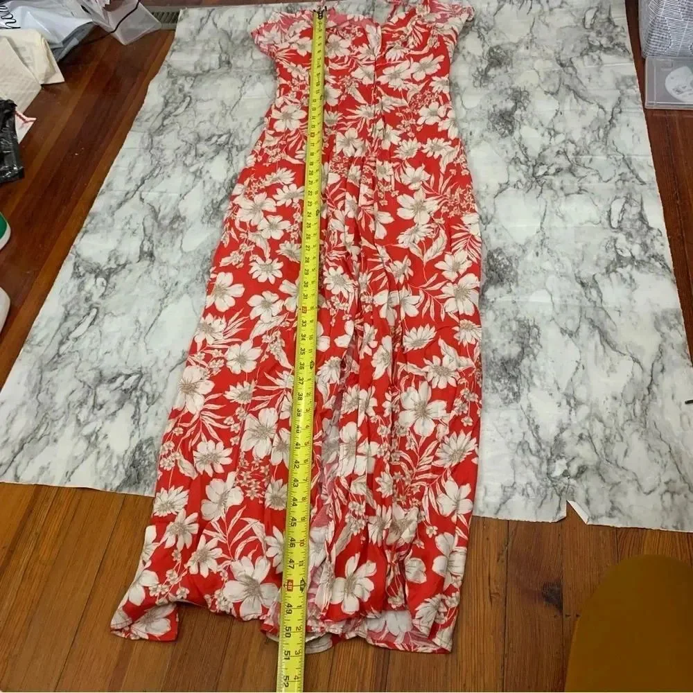 Floral Red Cream Button front ruffle Detail Long Dress with Slit Medium Boho - Picture 7 of 7